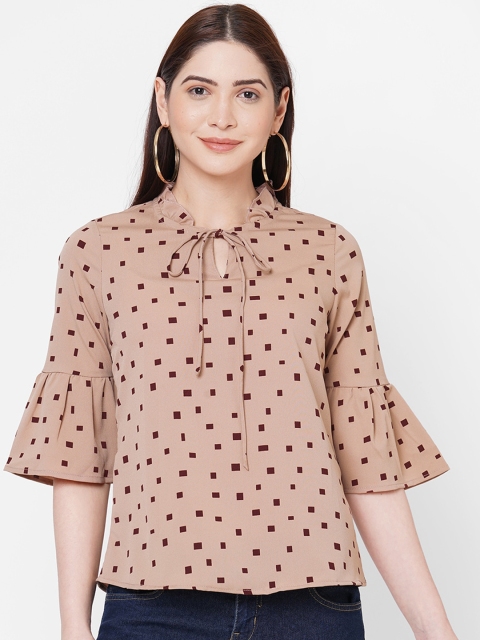 

109F Women Brown Printed Tie-Up Neck Regular Top