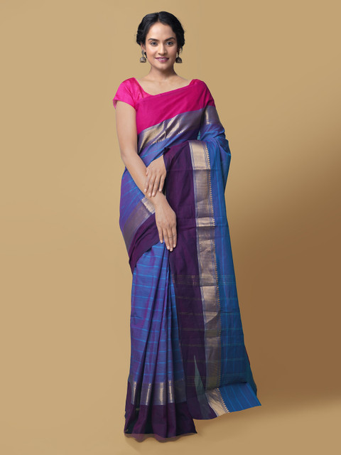 

Unnati Silks Blue & Pink Pure Cotton Checked Chettinad Handcrafted Saree