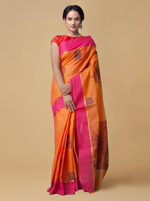 

Unnati Silks Orange & Pink Pure Cotton Woven Design Handloom Uppada Saree