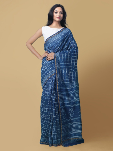 

Unnati Silks Blue Silk Cotton Printed Chanderi Saree