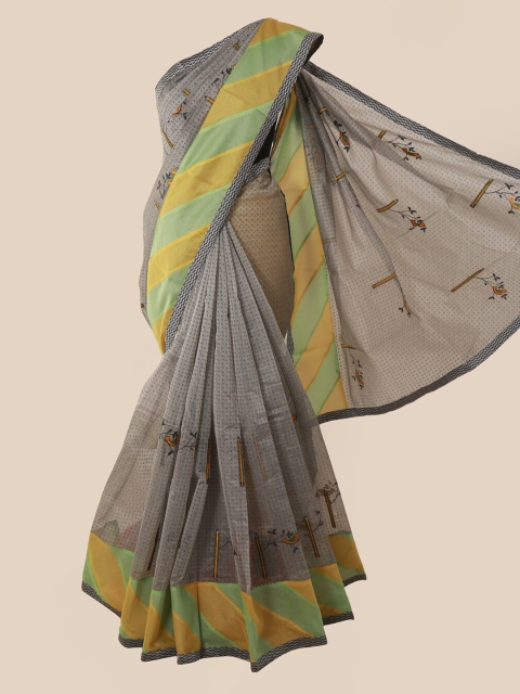 

Pothys Grey & Yellow Supernet Printed Saree