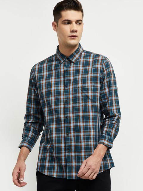 

max Men Blue & Orange Slim Fit Checked Casual Cotton Shirt