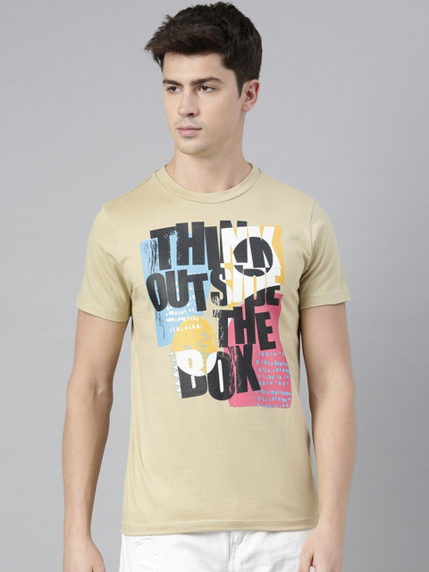 

QUANCIOUS Men Beige Printed Round Neck T-shirt