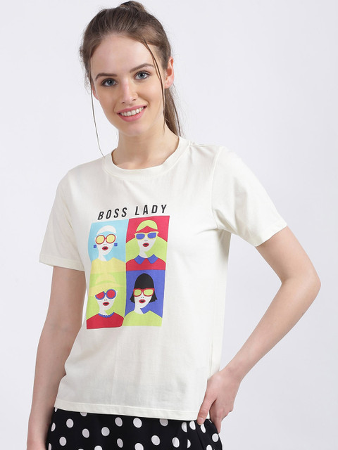 

Zink London Women White Red Printed Round Neck Cotton Pure Cotton T-shirt