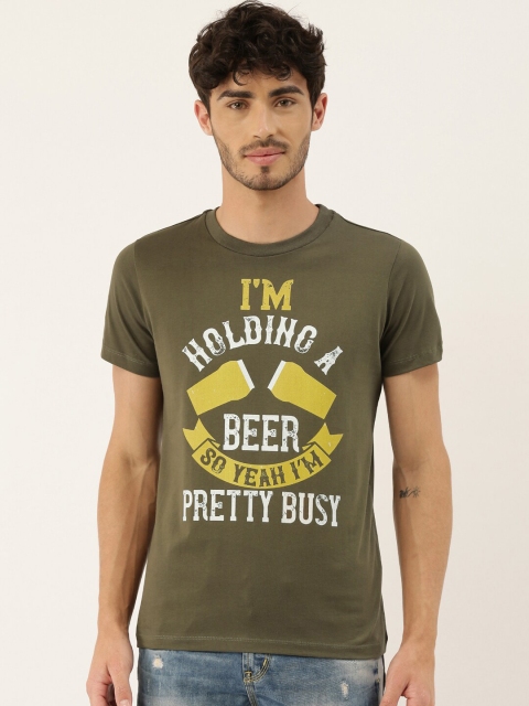 

QUANCIOUS Men Olive Green Solid Round Neck T-shirt