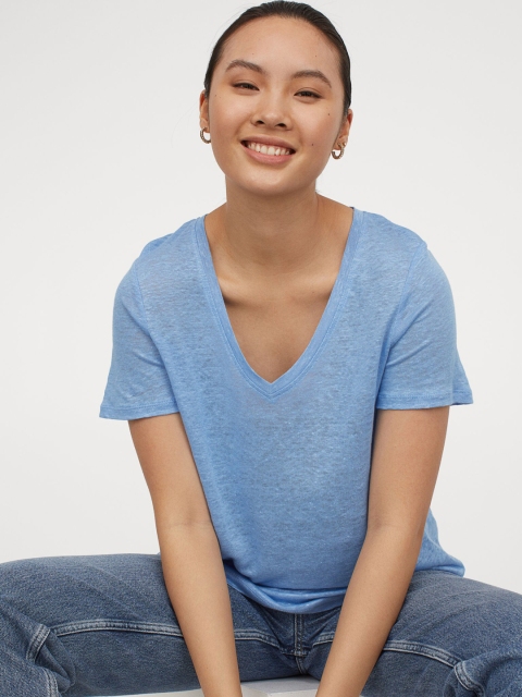 

H&M Women Blue Linen Jersey Top