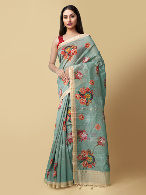 

Unnati Silks Green Silk Cotton Printed Chanderi Saree