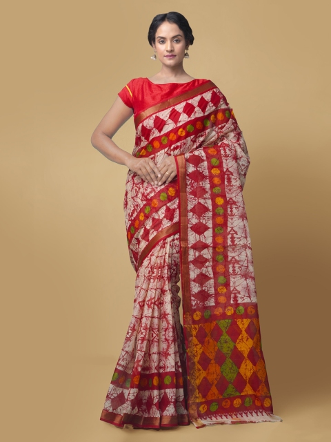 

Unnati Silks Off-White & Red Pure Cotton Printed Bagru Handloom Saree