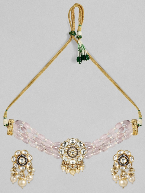

rubans LUXURY 24 K Gold-Plated Pink & White Kundan-Studded Beaded Choker Jewellery Set