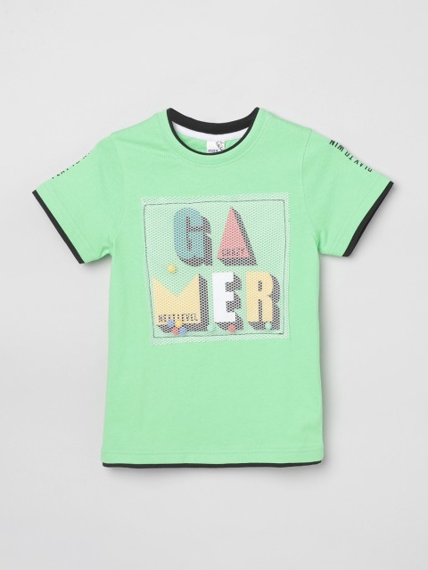 

max Boys Green Printed Round Neck Pure Cotton T-shirt