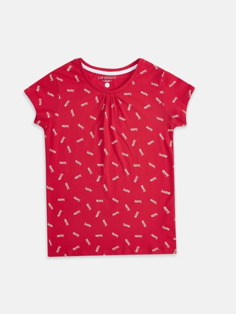 

Pantaloons Junior Girls Red Off-White Printed Round Neck Cotton Pure Cotton T-shirt