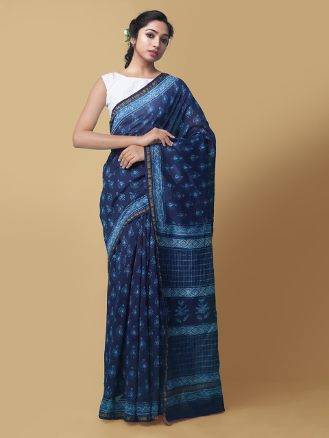 

Unnati Silks Blue & White Silk Cotton Printed Chanderi Handloom Saree