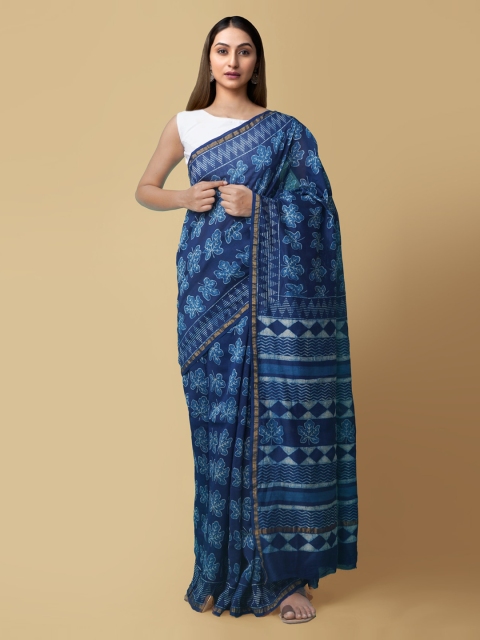 

Unnati Silks Blue Silk Cotton Dabu Printed Chanderi Handloom Saree