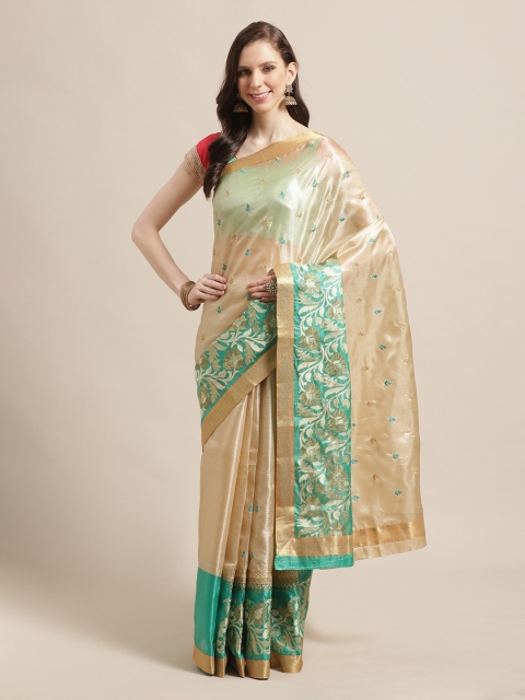 

Chhabra 555 Beige Silk Blend Woven Design Handloom Tussar Banarasi Saree