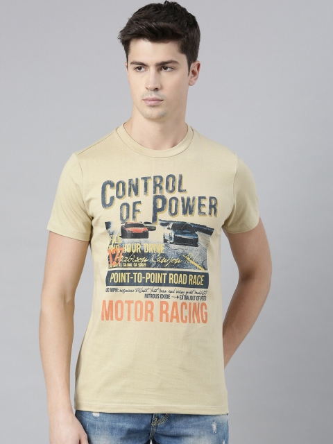 

QUANCIOUS Men Beige Printed Round Neck Sustainable T-shirt