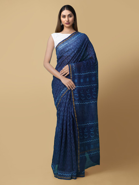 

Unnati Silks Blue Silk Cotton Printed Chanderi Saree