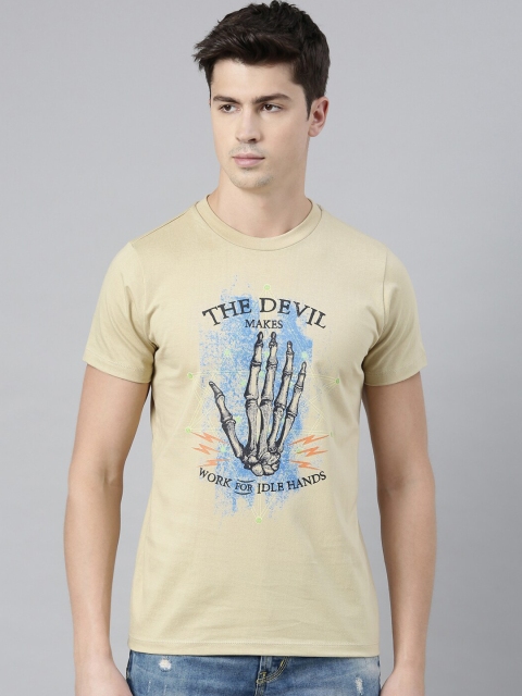 

QUANCIOUS Men Beige Printed Round Neck Sustainable T-shirt