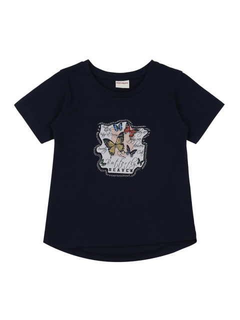 

RAINE AND JAINE Girls Navy Blue Printed Pure Cotton Round Neck T-shirt