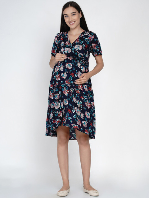 

Mine4Nine Women Navy Blue Floral Printed Wrap Maternity Dress