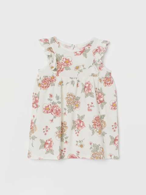 

H&M Girls White & Pink Cotton Flounce-Trimmed Jersey Dress