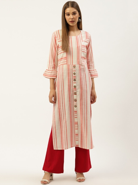 

Cottinfab Women Off White Striped Bell Sleeves Kurta