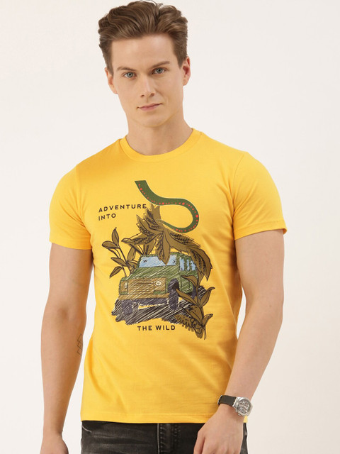 

QUANCIOUS Men Mustard Printed Round Neck T-shirt
