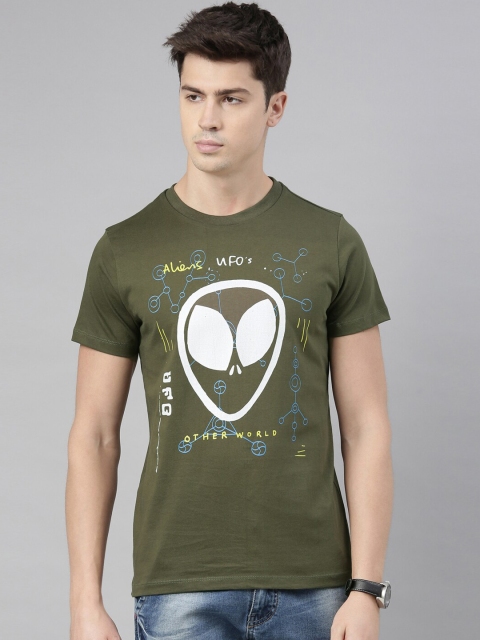 QUANCIOUS Men Olive Green & Printed Round Neck Organic Cotton Sustainable T-shirt