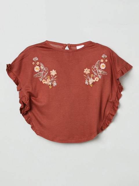 

max Rust Floral Embroidered Flutter Sleeves Kaftan Top