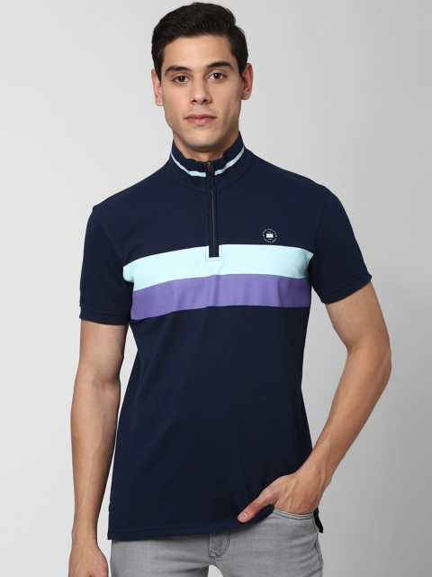 

Peter England Casuals Men Navy Blue Striped High Neck Slim Fit T-shirt