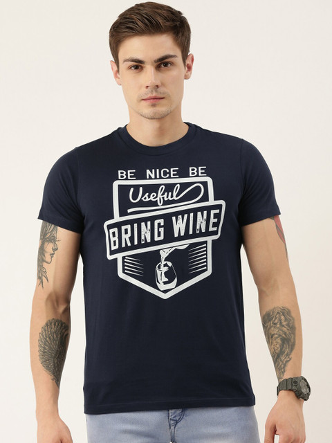 

QUANCIOUS Men Navy Blue Printed Round Neck Organic Cotton Sustainable T-shirt