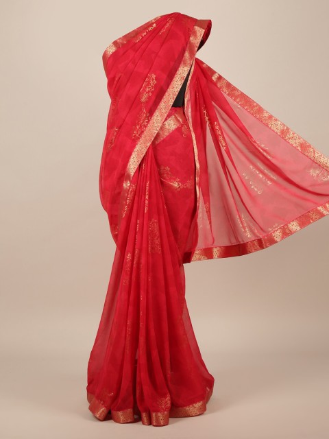 

Pothys Red Woven Design Poly Chiffon Saree