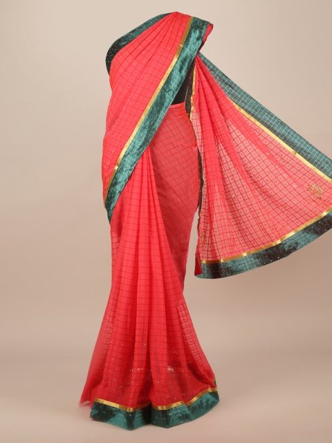 

Pothys Pink Checked Poly Chiffon Saree