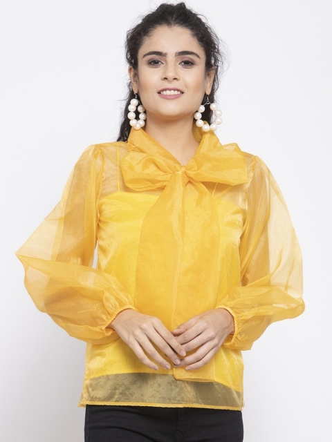 

EMBLAZE Yellow Tie-Up Neck Puff Sleeves Regular Top