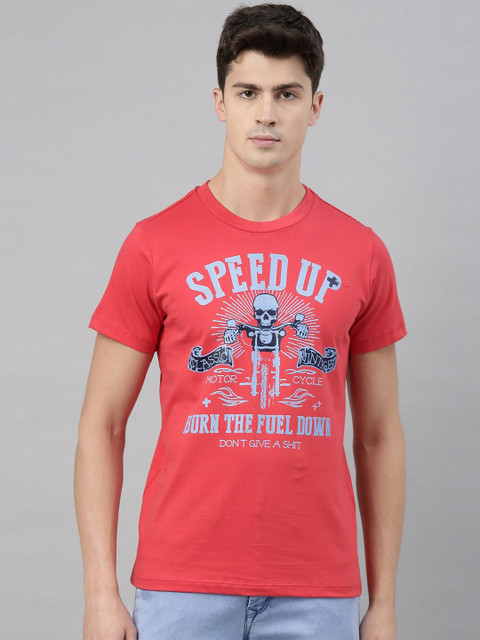 

QUANCIOUS Men Coral Printed Round Neck T-shirt