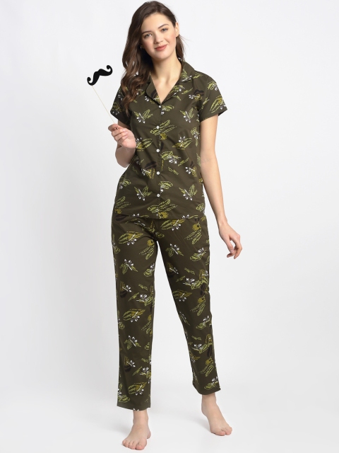

Claura Women Olive Green & White Printed Night Suit