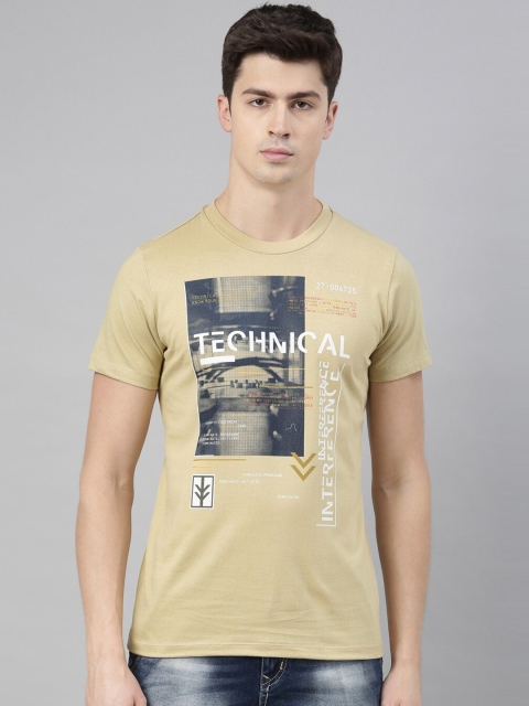 

QUANCIOUS Men Beige Printed Round Neck T-shirt