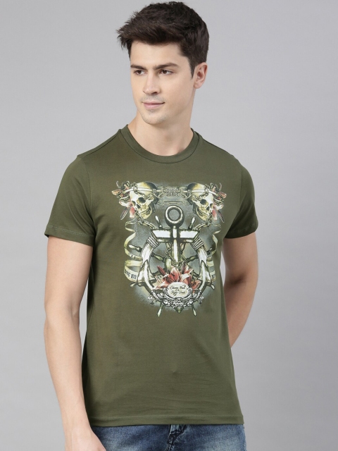

QUANCIOUS Men Olive Green Printed Round Neck Sustainable T-shirt