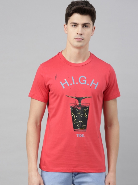 

QUANCIOUS Men Coral Red & Black Printed Round Neck Organic Cotton Sustainable T-shirt