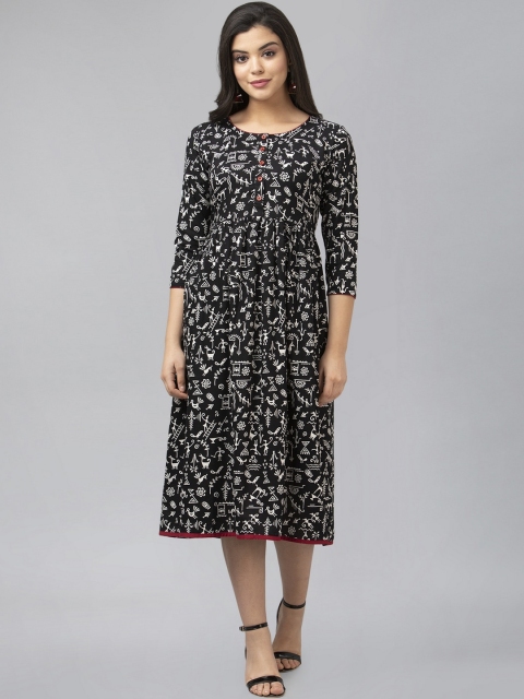 

SANISA Women Black Printed Keyhole Neck Thread Work Handloom Kurta
