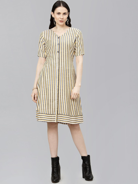 

SANISA Women Yellow Striped A-Line Dress