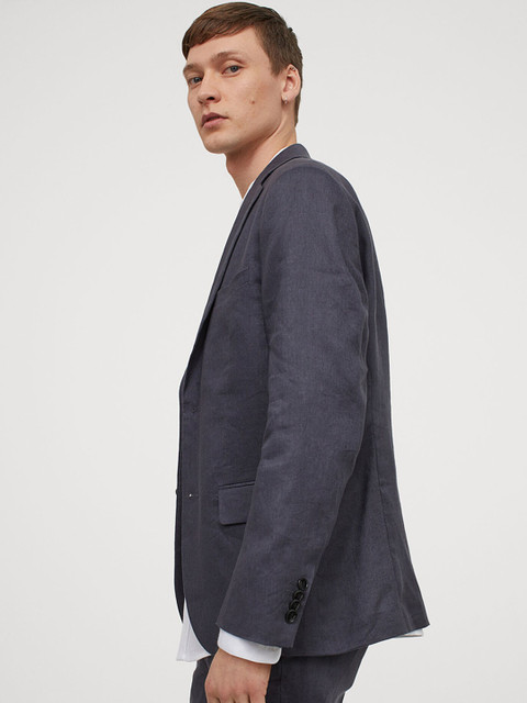 

H&M Men Navy Blue Linen Jacket Slim Fit
