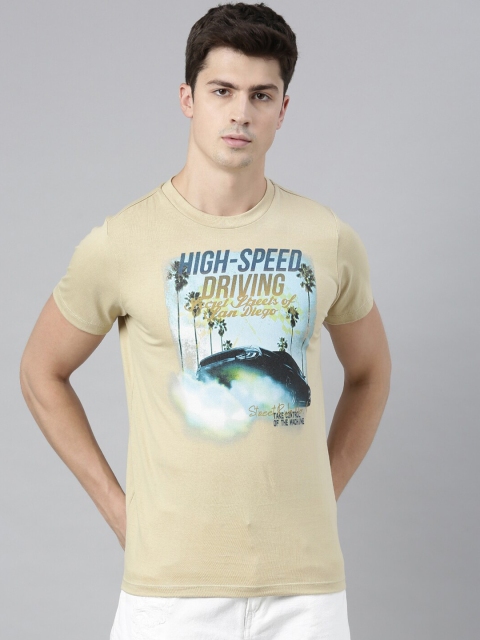 

QUANCIOUS Men Beige Round Neck T-shirt