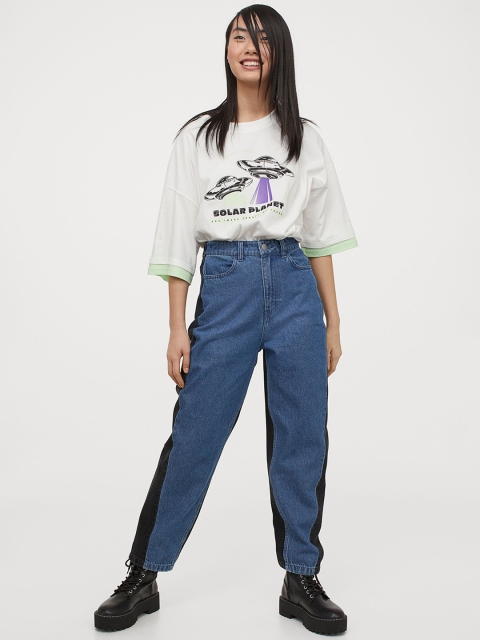 H&M Women Blue & Black Cotton Loose-Fit High Jeans
