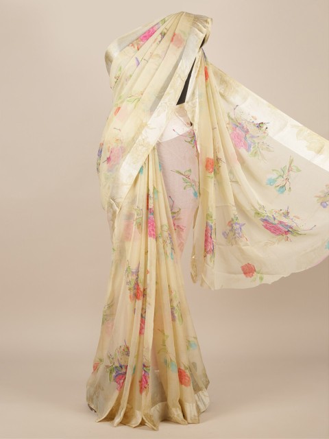 

Pothys Cream-Coloured Printed Poly Chiffon Saree
