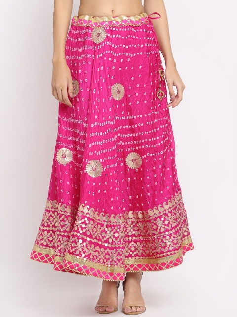 

SOUNDARYA Women Pink & Golden Bandhni Print Gotta Patti Work Maxi Skirt
