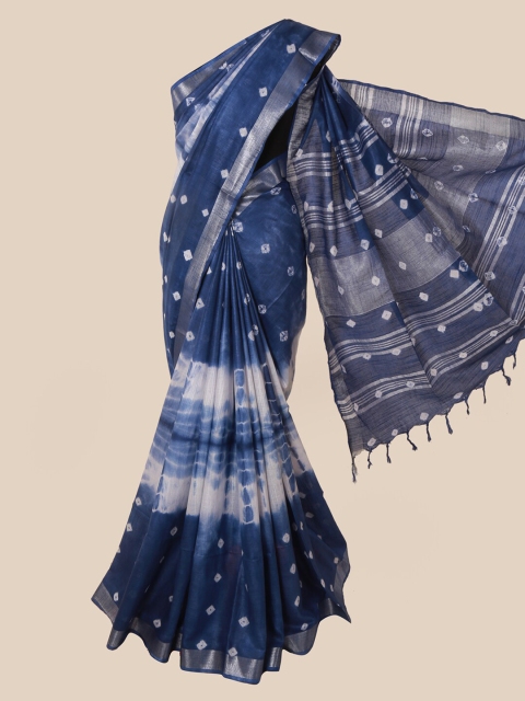 

Pothys Blue Printed Linen Blend Saree With Tasseled Pallu