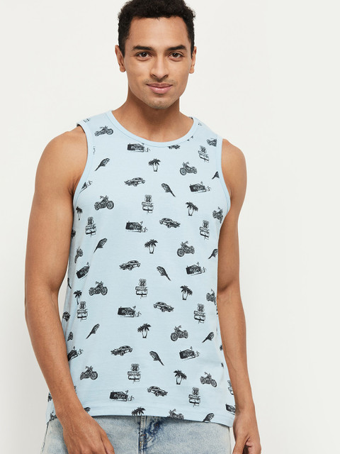 

max Men Blue Black Printed Cotton Round Neck Pure Cotton T-shirt