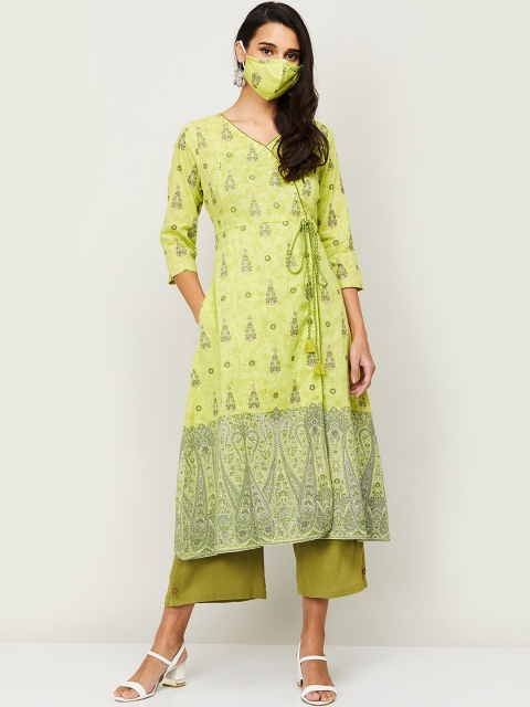 

Melange by Lifestyle Women Lime Green Ethnic Motifs Printed Kurta with Mask