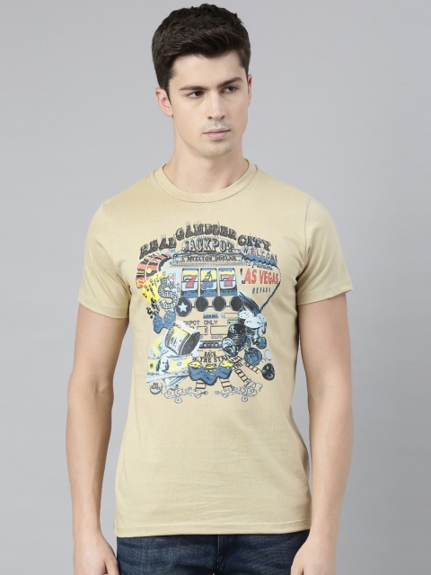

QUANCIOUS Men Beige Printed Henley Neck T-shirt