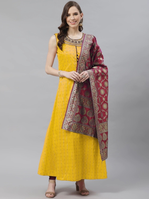 

Chhabra 555 Women Yellow & Red Checked Kurta with Skirt & Dupatta